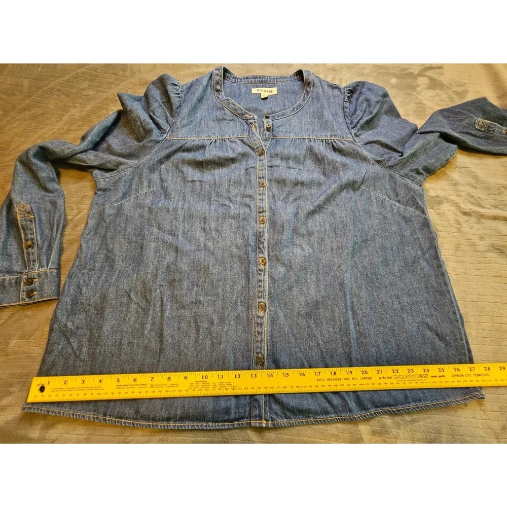 Boden Denim Blouse Medium Wash Puff Shoulder Button Front Top US 20-22